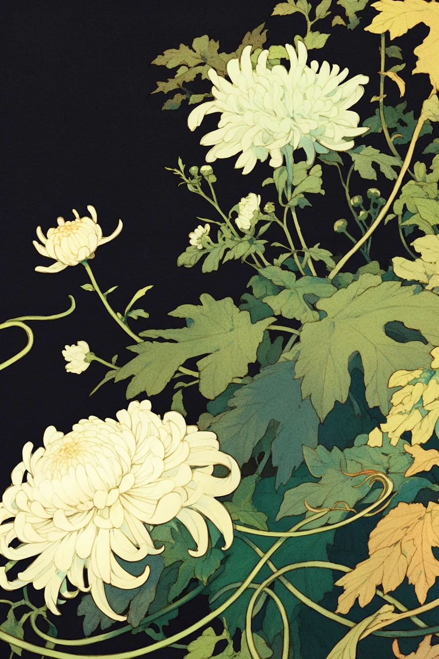 黒背景に映える白い菊の絵｜深い黒に白い花が際立つ菊の絵は、凛とした上品さを強調し、格式を求める広告や式典関連の素材に適しています。