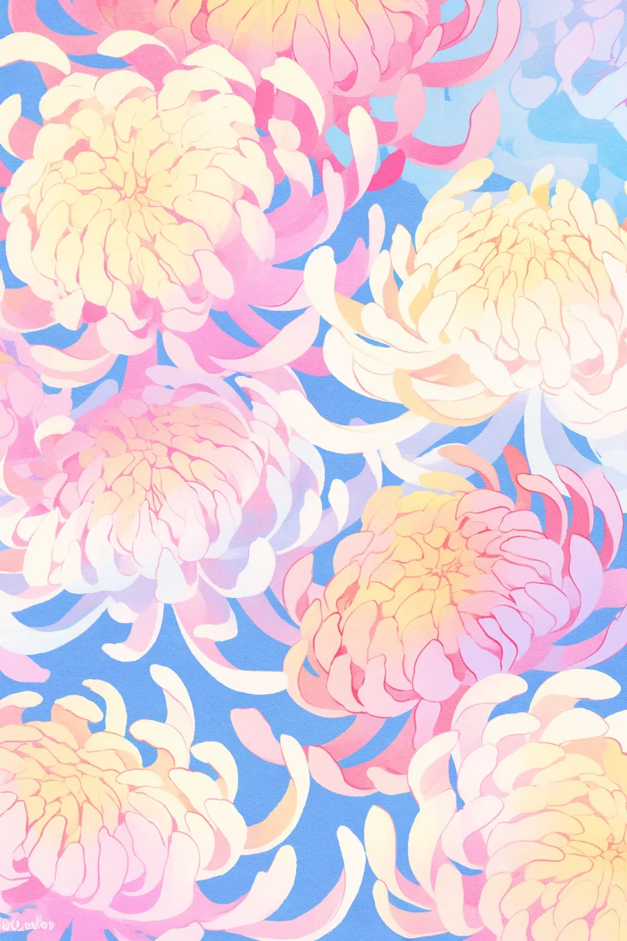 青空に浮かぶピンク菊の絵｜柔らかな色合いが調和する菊の絵は、爽やかで華やかな雰囲気を伝え、イベントポスターや商品デザインに活用できます。