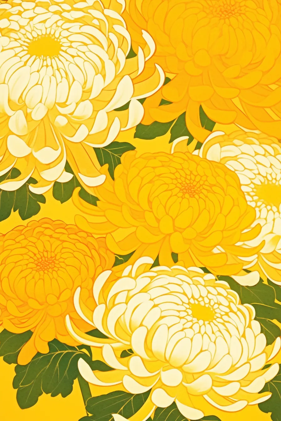 黄金色に輝く大輪の菊の絵｜鮮やかな黄色を中心に描かれた菊の絵は、明快で力強い印象を与え、販促ツールやブランドイメージ強化に効果的です。