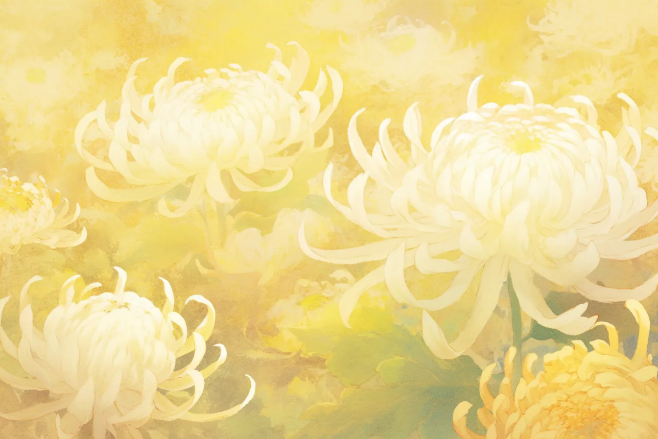 淡い光に包まれる白菊の絵｜柔らかな光で幻想的に描かれた菊の絵は、落ち着きと優美さを兼ね備え、癒しや高級感を演出する広告に最適です。