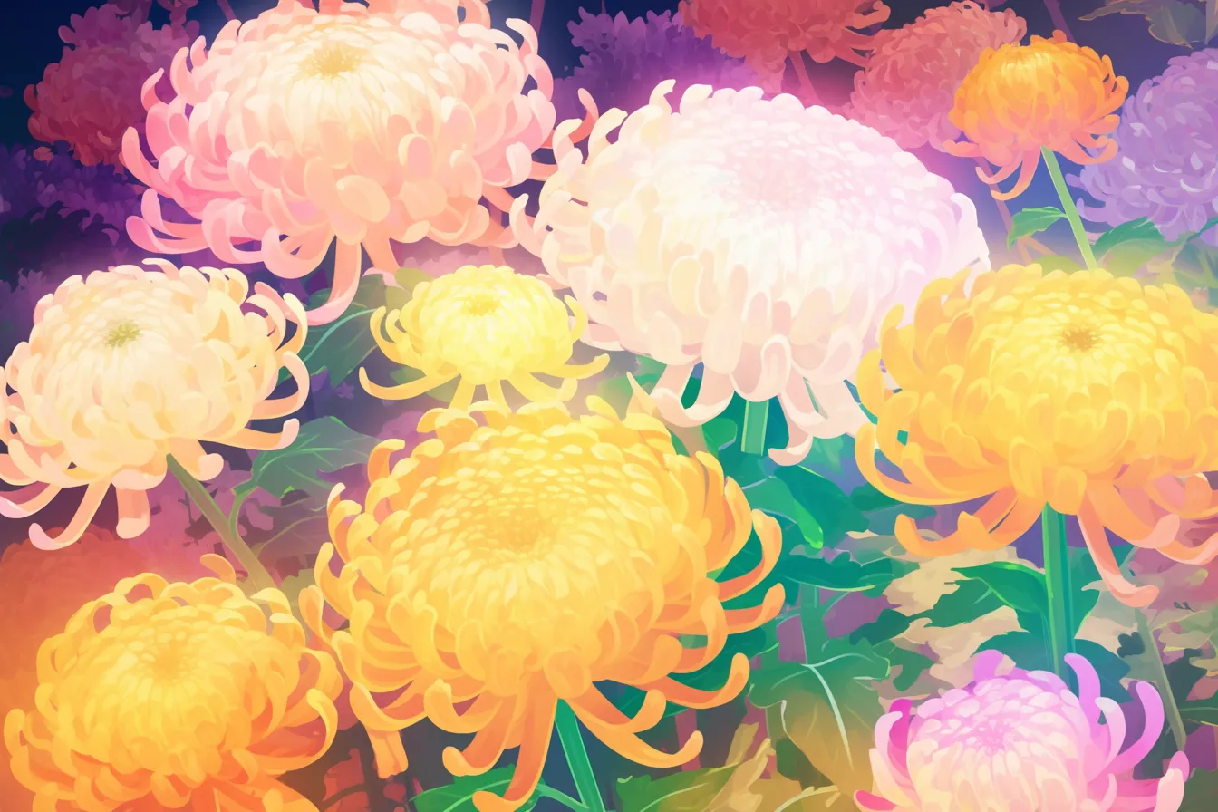 色彩豊かに咲き誇る菊の絵｜多彩な色合いが重なり合う菊の絵は、鮮烈で活気ある印象を伝え、祭事やイベント関連のビジュアル素材に適しています。