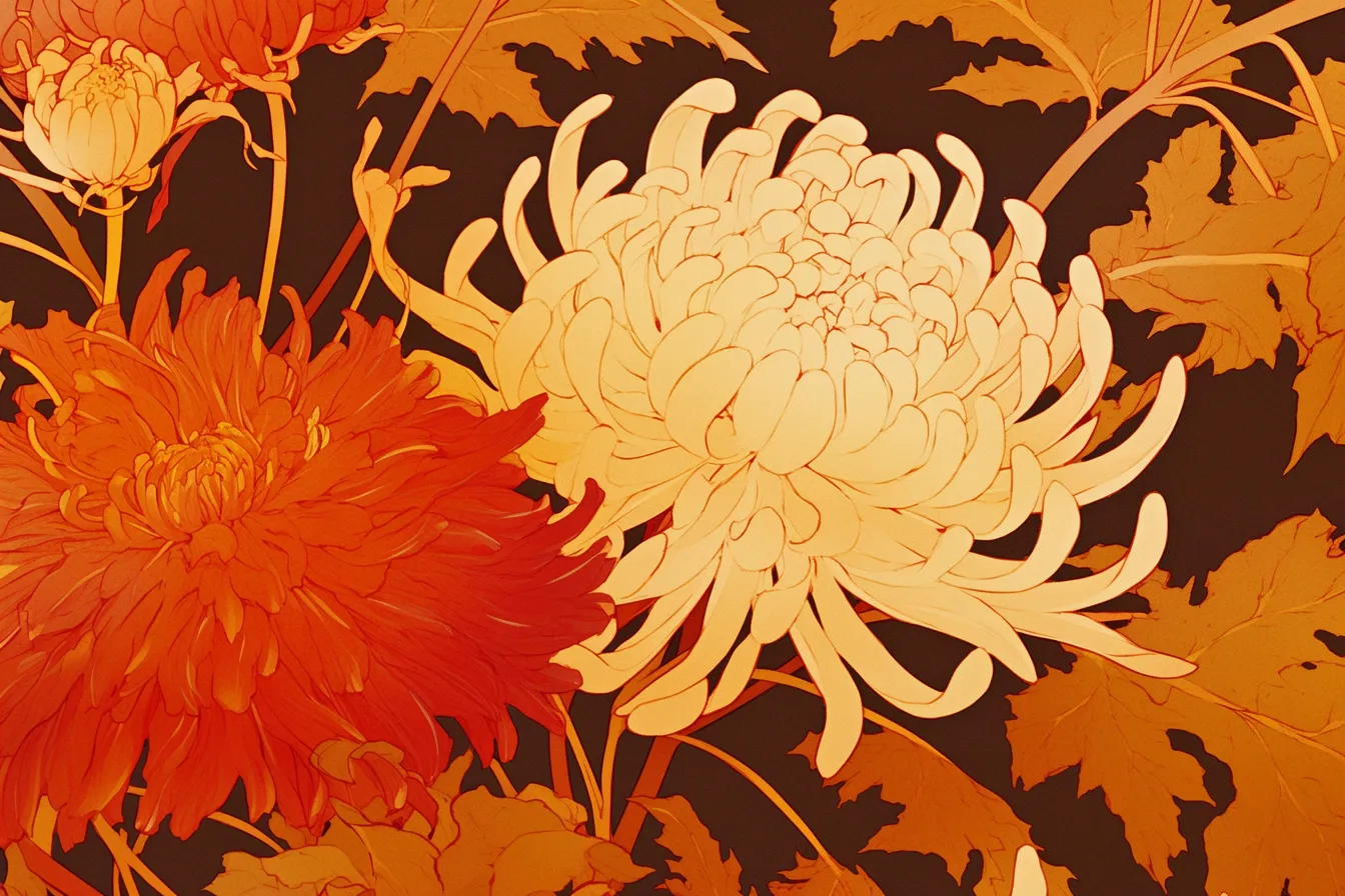 橙と白が調和する菊の絵｜落ち着いた背景に温かな色彩を重ねた菊の絵は、伝統美を強調し、文化紹介やクラシックなデザインに効果的です。