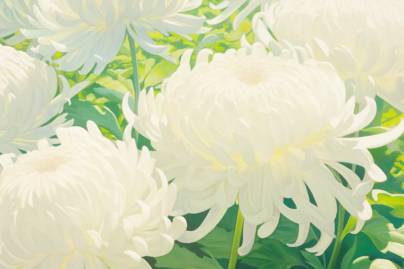 陽光に照らされた白菊の絵｜自然光に包まれた白い菊の絵は、清らかで爽やかな印象を与え、自然や健康をテーマにした広告素材に活用できます。