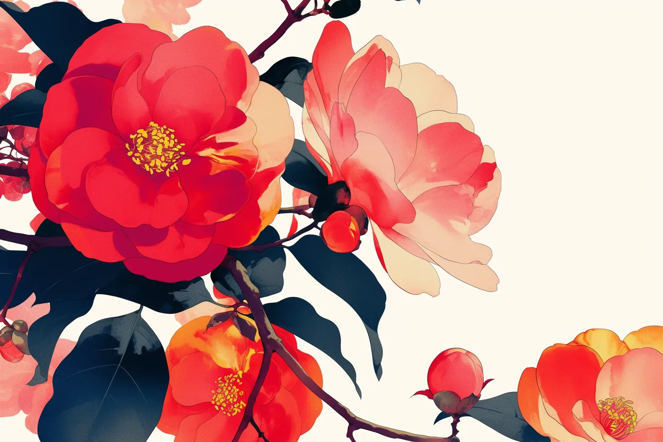 華やかに咲く枝先の椿の絵｜枝に連なる花々を描いた椿の絵は、和風の落ち着きと華やかさを併せ持ち、季節感を伝える広報や背景素材に適しています。