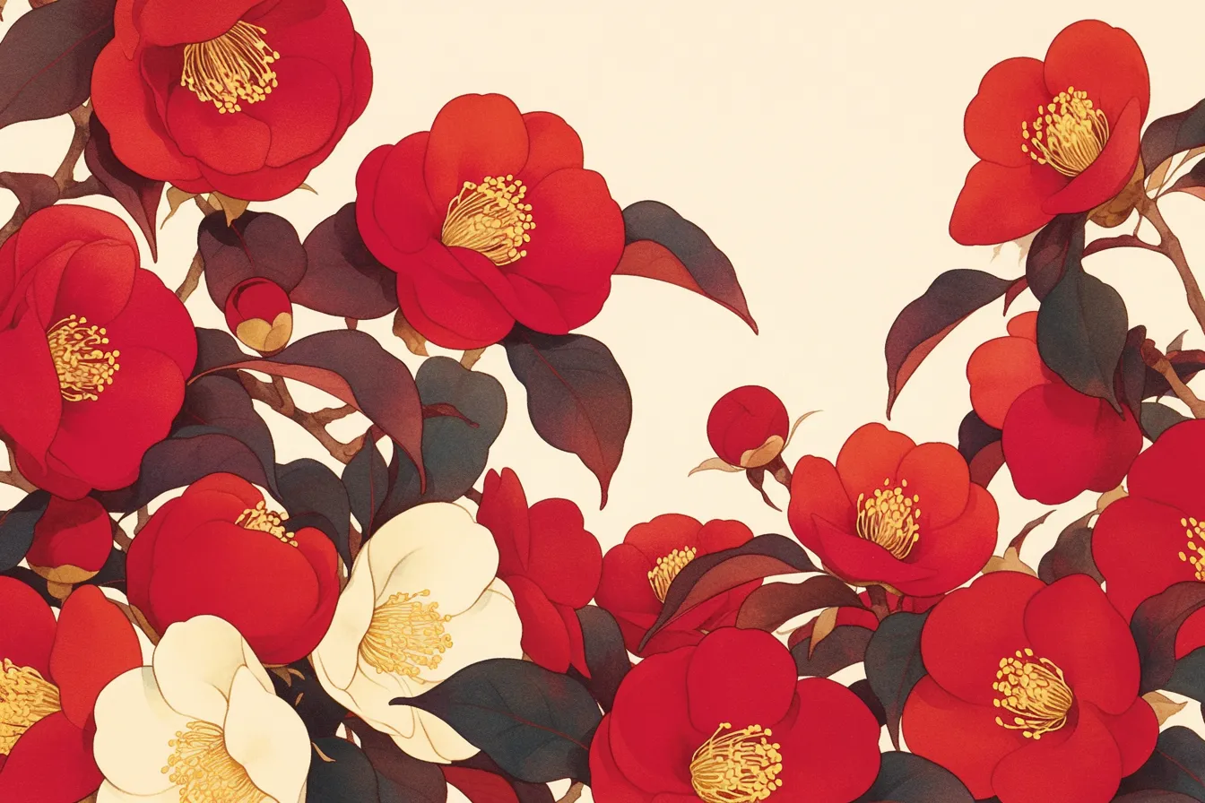 赤白の花が並ぶ椿の絵｜赤と白の花が調和する椿の絵は、バランスの取れた色彩で、企業イメージの多様性や調和を示すデザインに活用可能です。