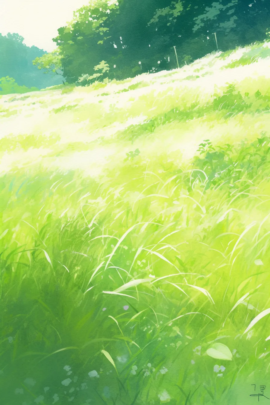 草の絵　光あふれる草原の爽やかな表現｜柔らかな筆致で描かれた草の絵は、光を受けて揺れる質感が印象的で、清涼感ある背景素材として自然の魅力を伝えるデザインに適しています。