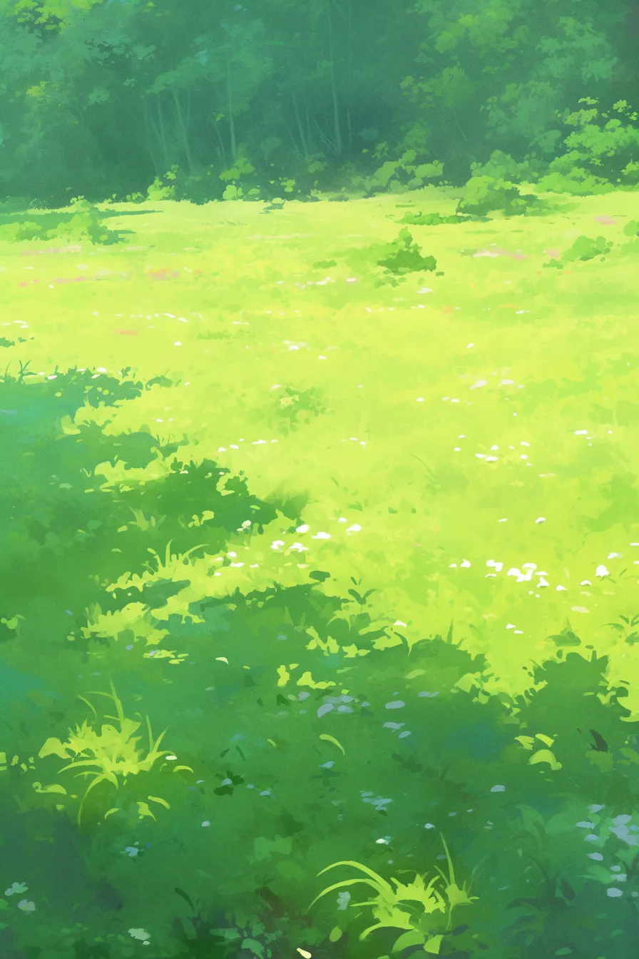 草の絵　木漏れ日が映える野原の描写｜自然光に照らされた草の絵は、木々の影と野花が調和し、落ち着いた印象を持つ構成で、エコや自然関連のビジネス素材に最適です。