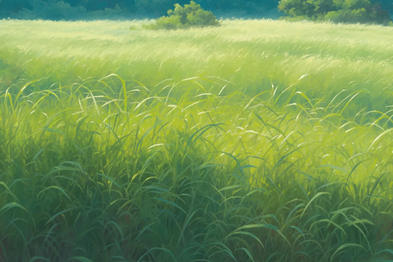 草の絵　風に揺れる立体的な緑の群生｜細部まで描き込まれた草の絵は立体感があり、風の動きを感じさせる描写で、自然の活力を伝えるデザイン素材として活用可能です。