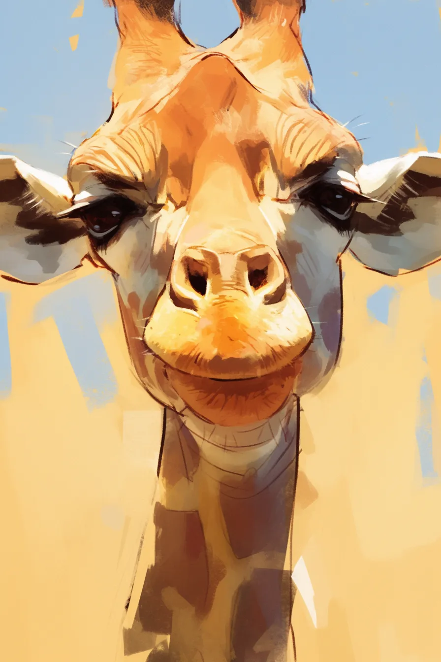 アップで映るキリンの絵｜近距離から見上げるように描かれたキリンの絵は、ユーモラスで親しみやすい表現のビジネス写真素材です。広告や教育向けの活用に最適です。