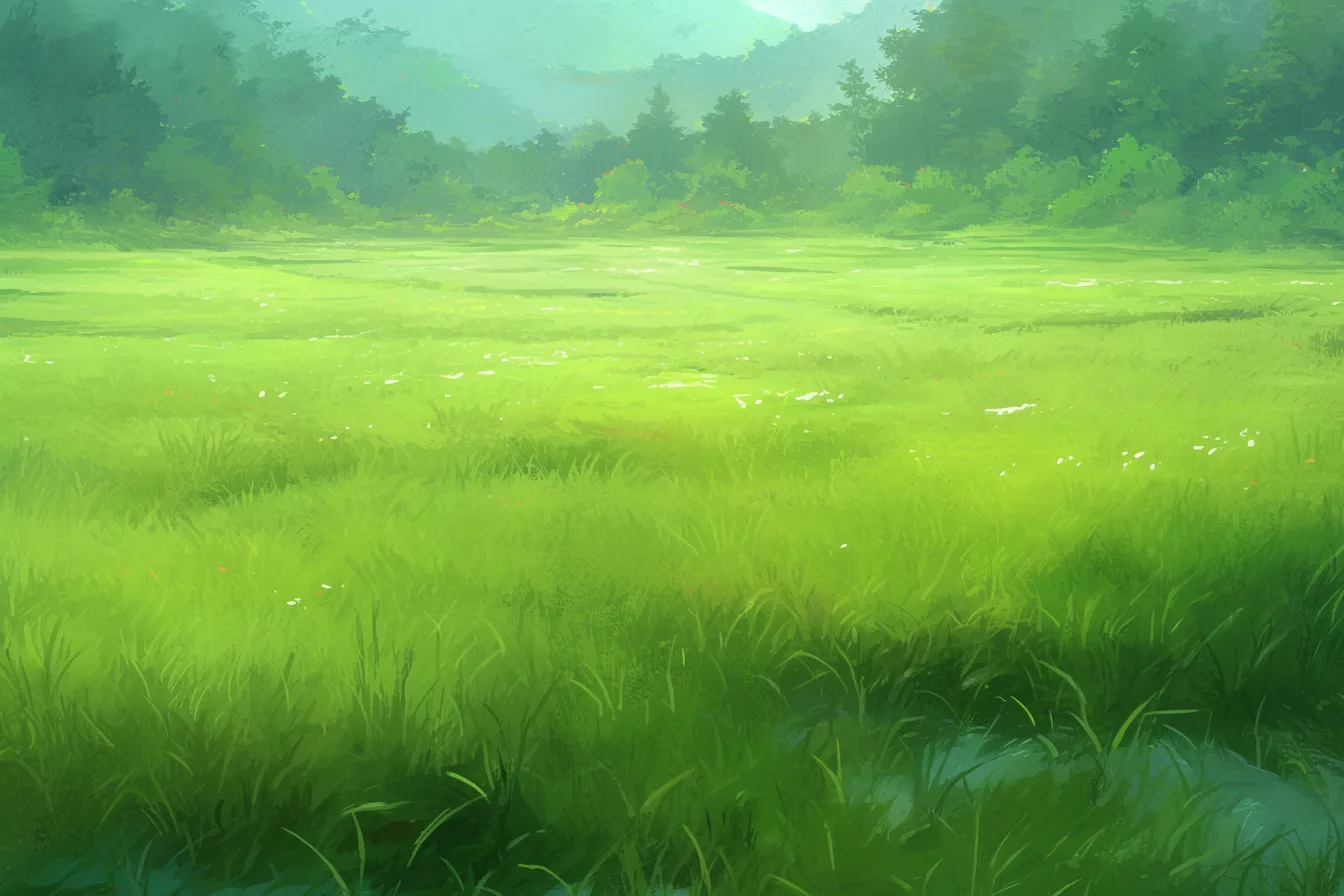 草の絵　奥行きを感じる静かな草原風景｜遠景の森と調和した草の絵は奥行きが強調され、落ち着きと自然美を伝えるスタイルで、ナチュラル志向のプロモーション素材に向きます。