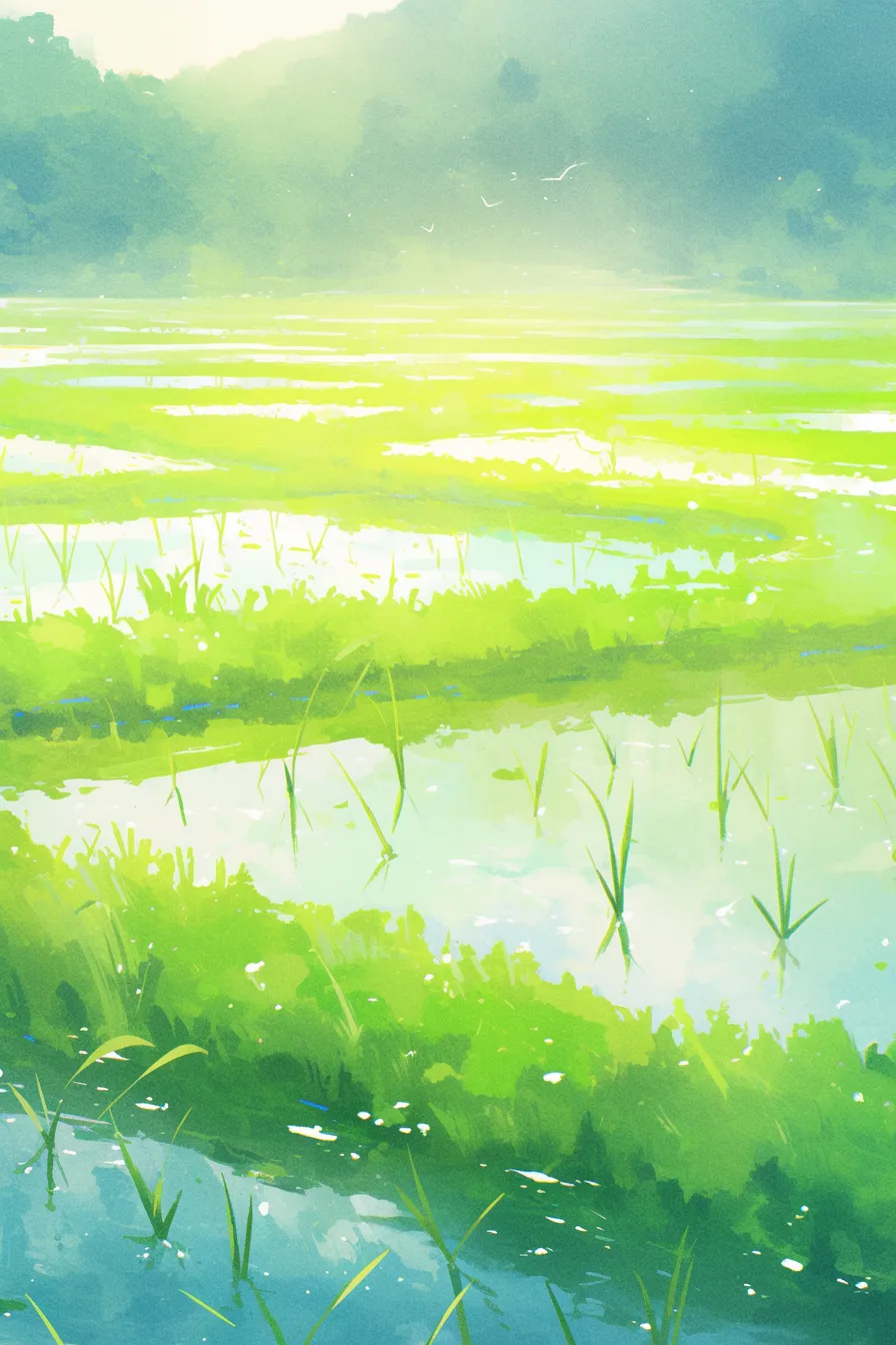 稲の絵と水面に映る若苗｜柔らかな光が差し込む田んぼの風景で、初夏の清涼感を強調した稲の絵。広告や環境関連の素材として利用しやすい印象的な描写です。