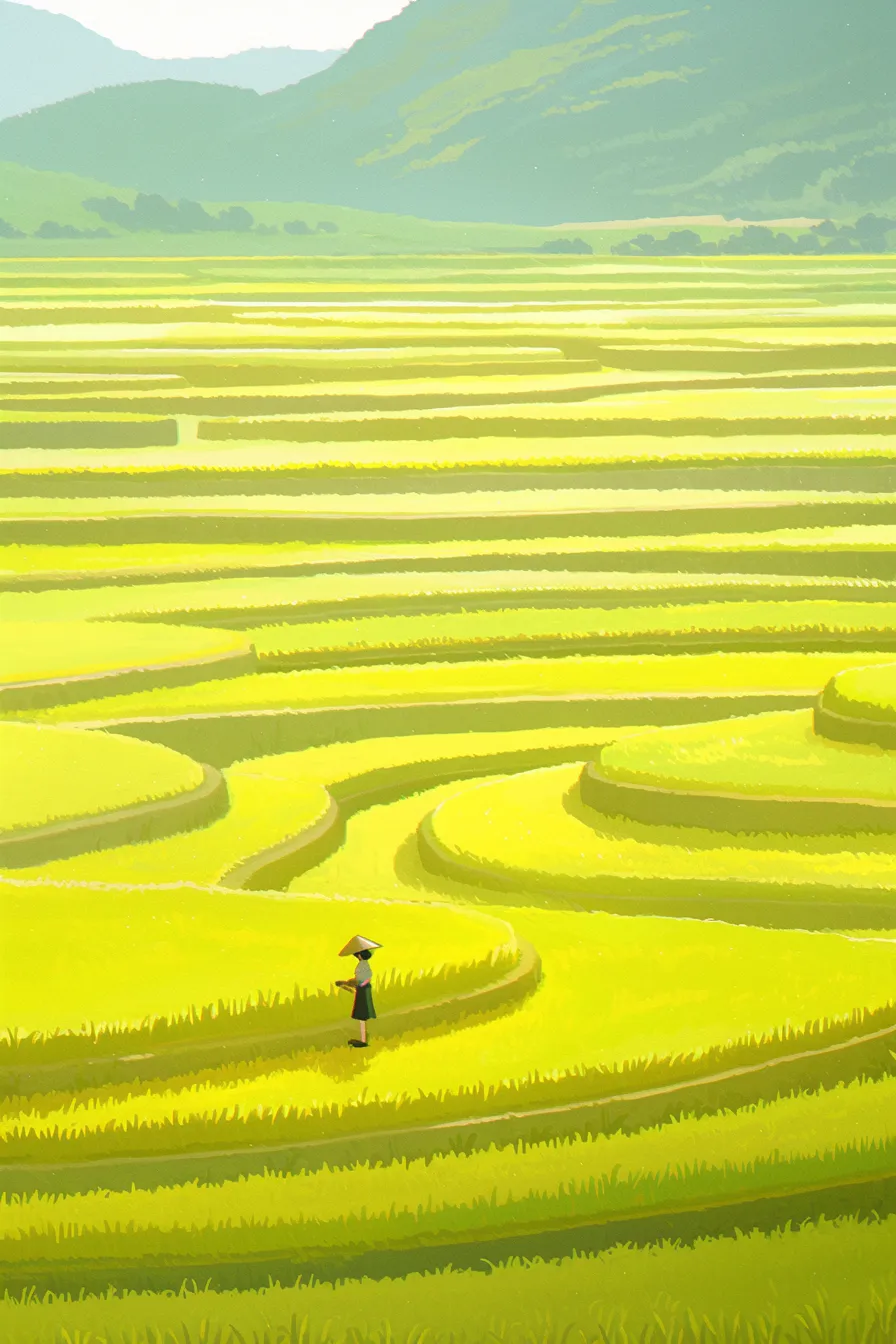 稲の絵と棚田を歩く人影｜黄金色に染まった広大な棚田に人物が佇む稲の絵。視覚的なリズムがあり、旅行や農業関連のプロモーションに適した素材です。