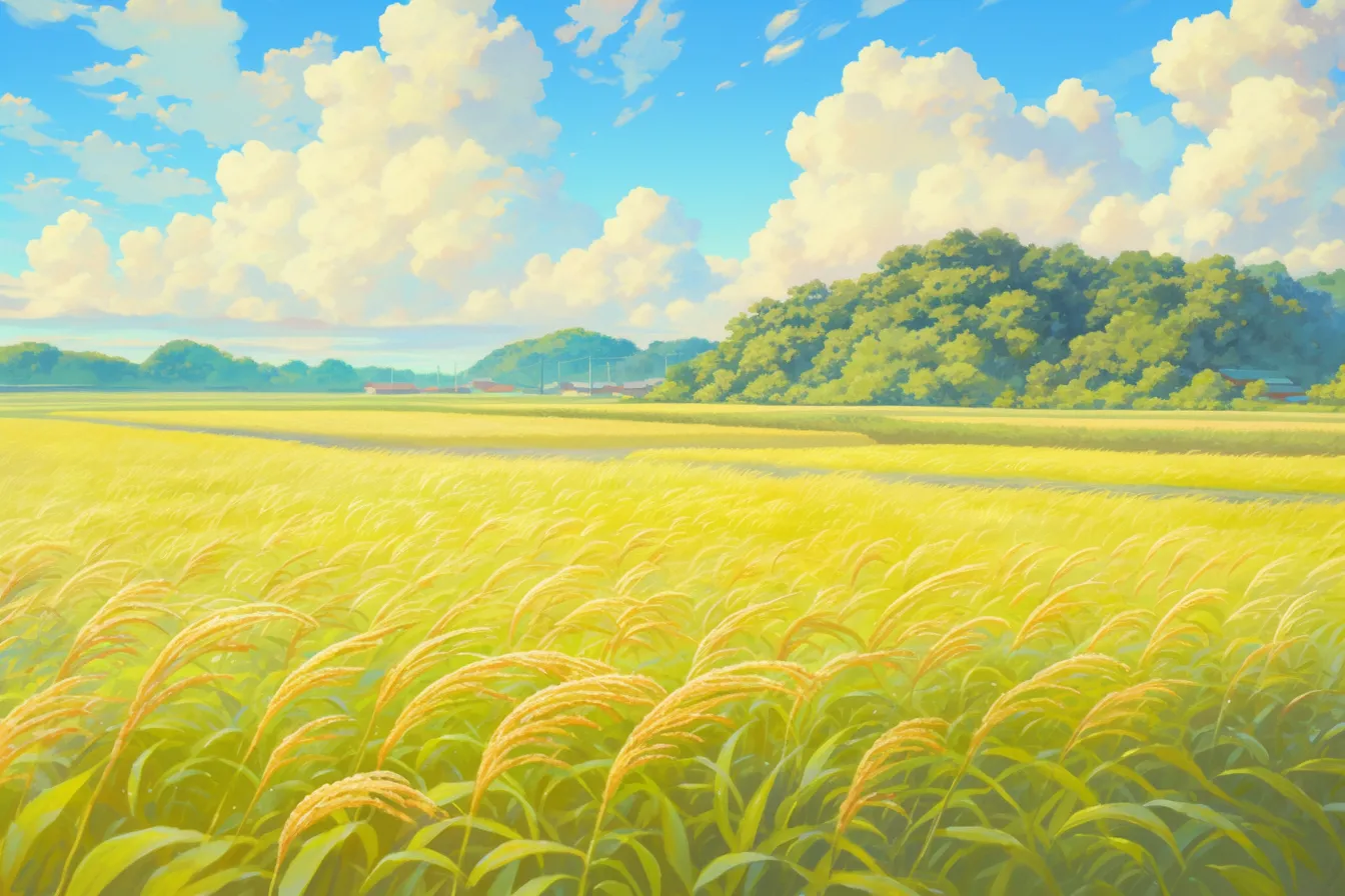 稲の絵と夏空広がる風景｜青空と雲を背景に黄金の穂が広がる稲の絵。日本の田園風景を象徴的に描き、郷愁や豊かさを感じさせる写真素材向けです。