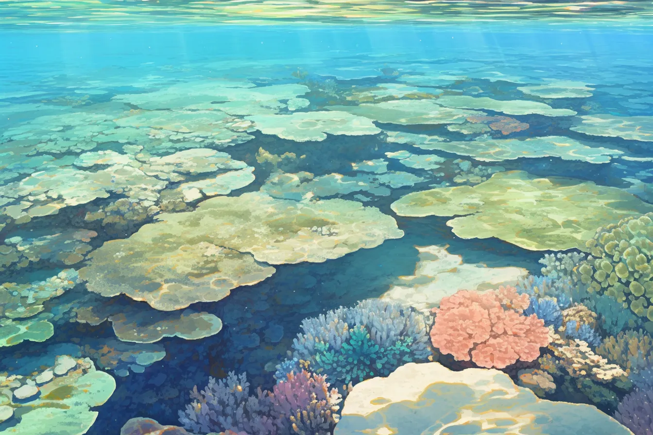 透明な海に広がるサンゴの絵｜澄んだ海中を描いたサンゴの絵は透明感が際立ち、環境保護や観光PRに適した清涼感あふれる素材として利用できます。
