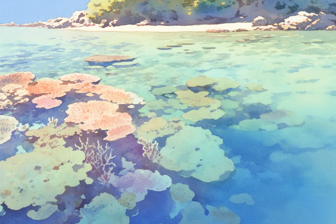 浅瀬の海辺を彩るサンゴの絵｜穏やかな水辺と共に描かれたサンゴの絵は、リゾートや旅行関連のデザインに最適な爽やかさと自然美を表現しています。