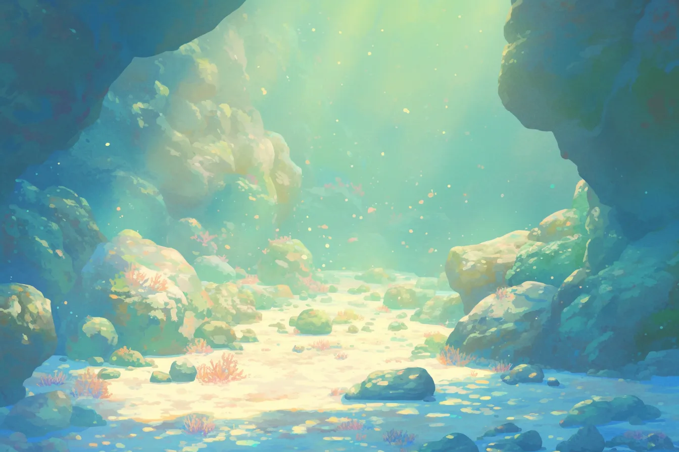 幻想的な洞窟に光差すサンゴの絵｜海中洞窟に光が降り注ぐサンゴの絵は、幻想的で神秘的な雰囲気を持ち、ブランディングや映像背景に活用可能です。