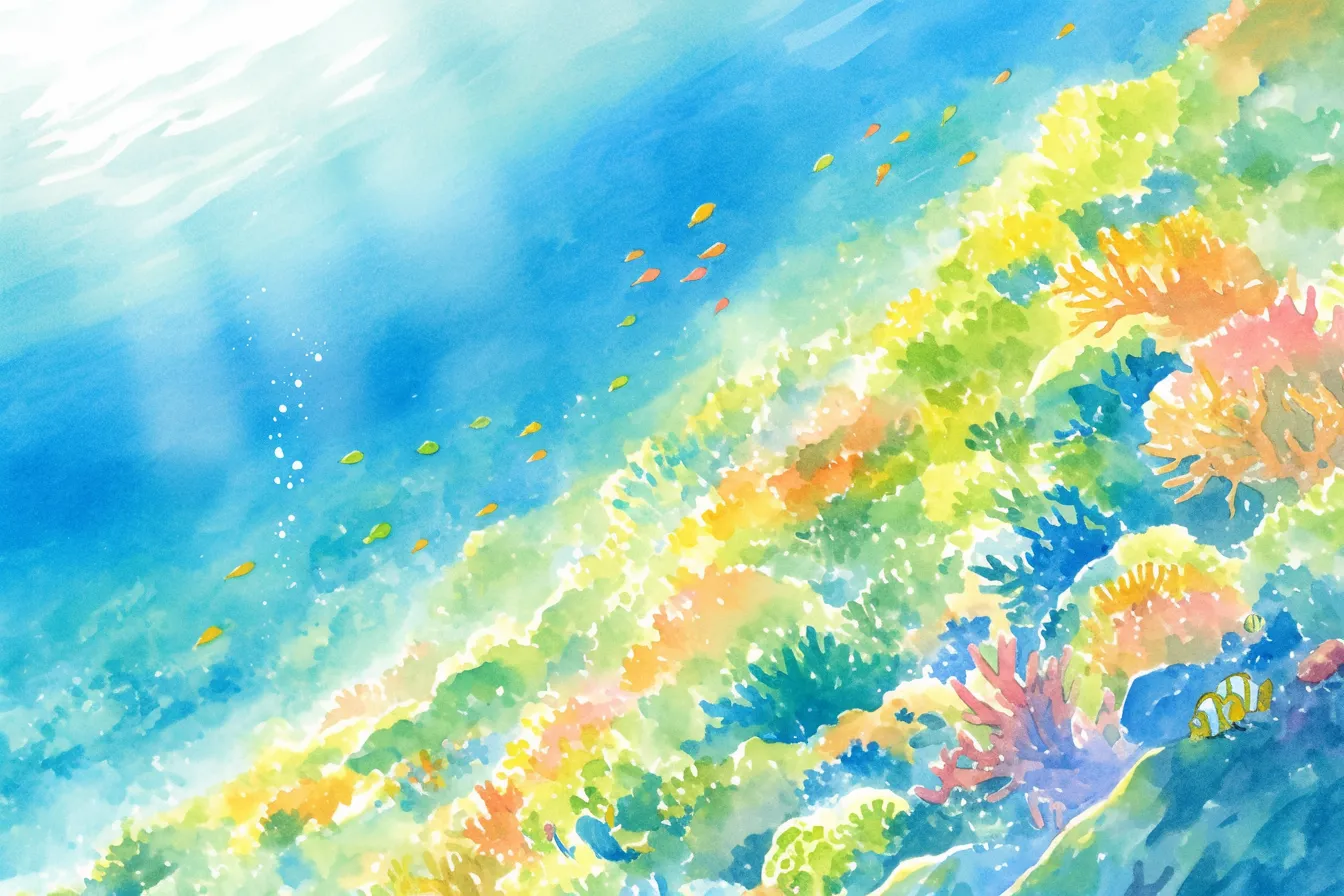 鮮やかな色彩で描かれたサンゴの絵｜多彩な色調で描かれたサンゴの絵は、華やかで明るい印象を与え、教育資料や観光パンフレットに効果的です。