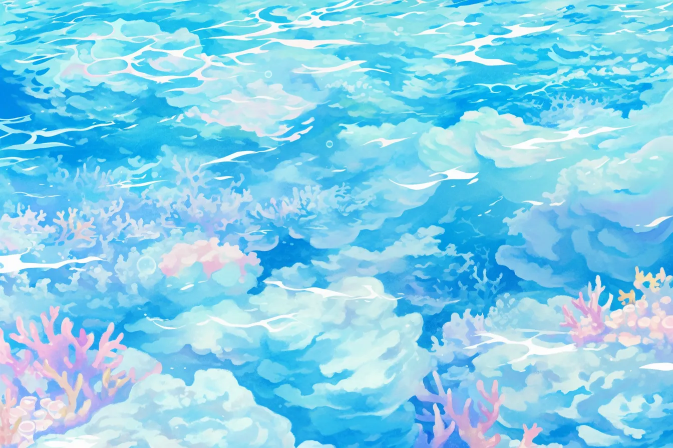 水面と調和する柔らかなサンゴの絵｜やわらかなタッチで表現されたサンゴの絵は、水の透明感と一体となり、癒しやウェルネス関連のデザインに適しています。