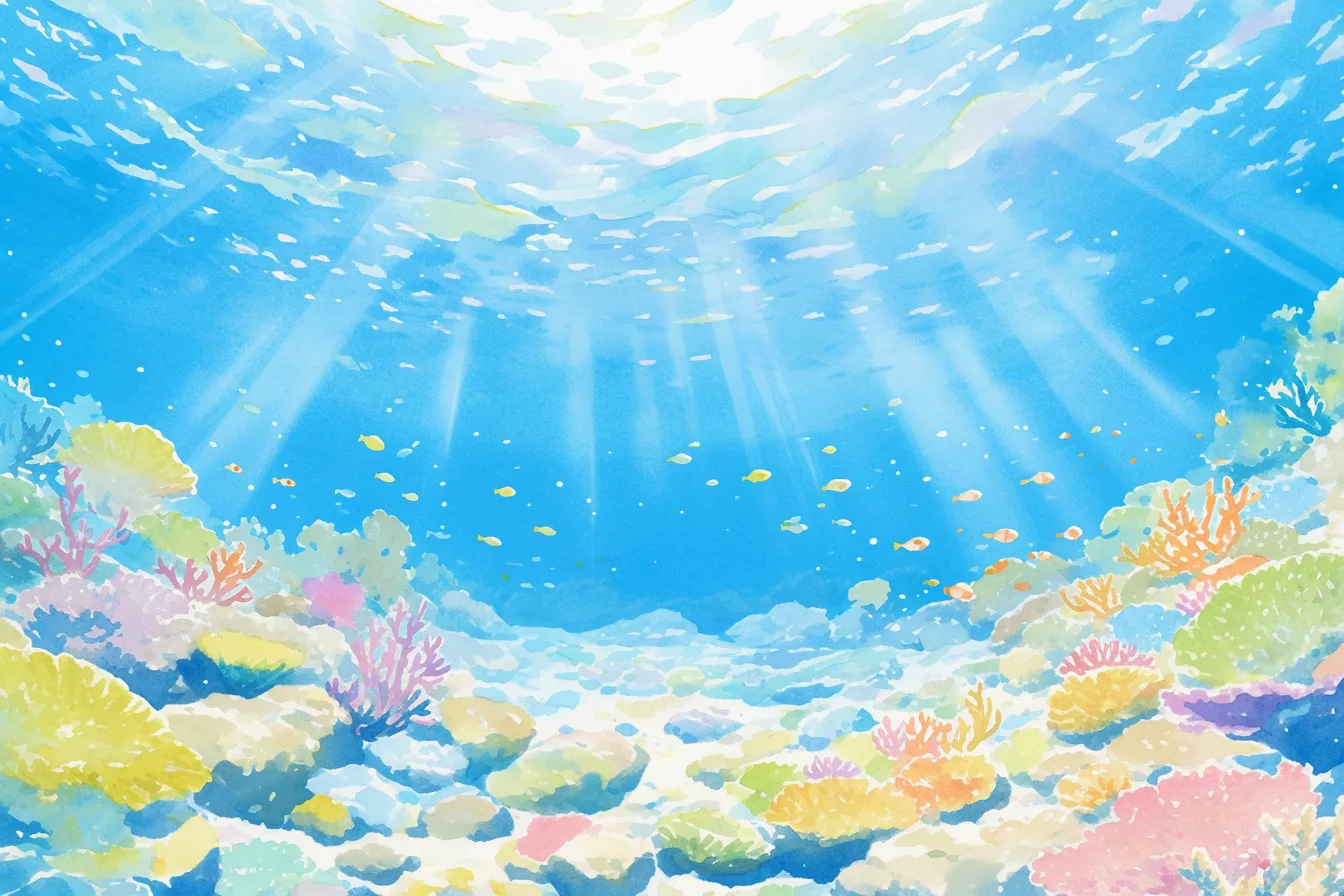 光降り注ぐ海中のサンゴの絵｜海中に広がる光と共に描かれたサンゴの絵は、生命力と開放感を感じさせ、広告や背景素材として強い訴求力を持ちます。