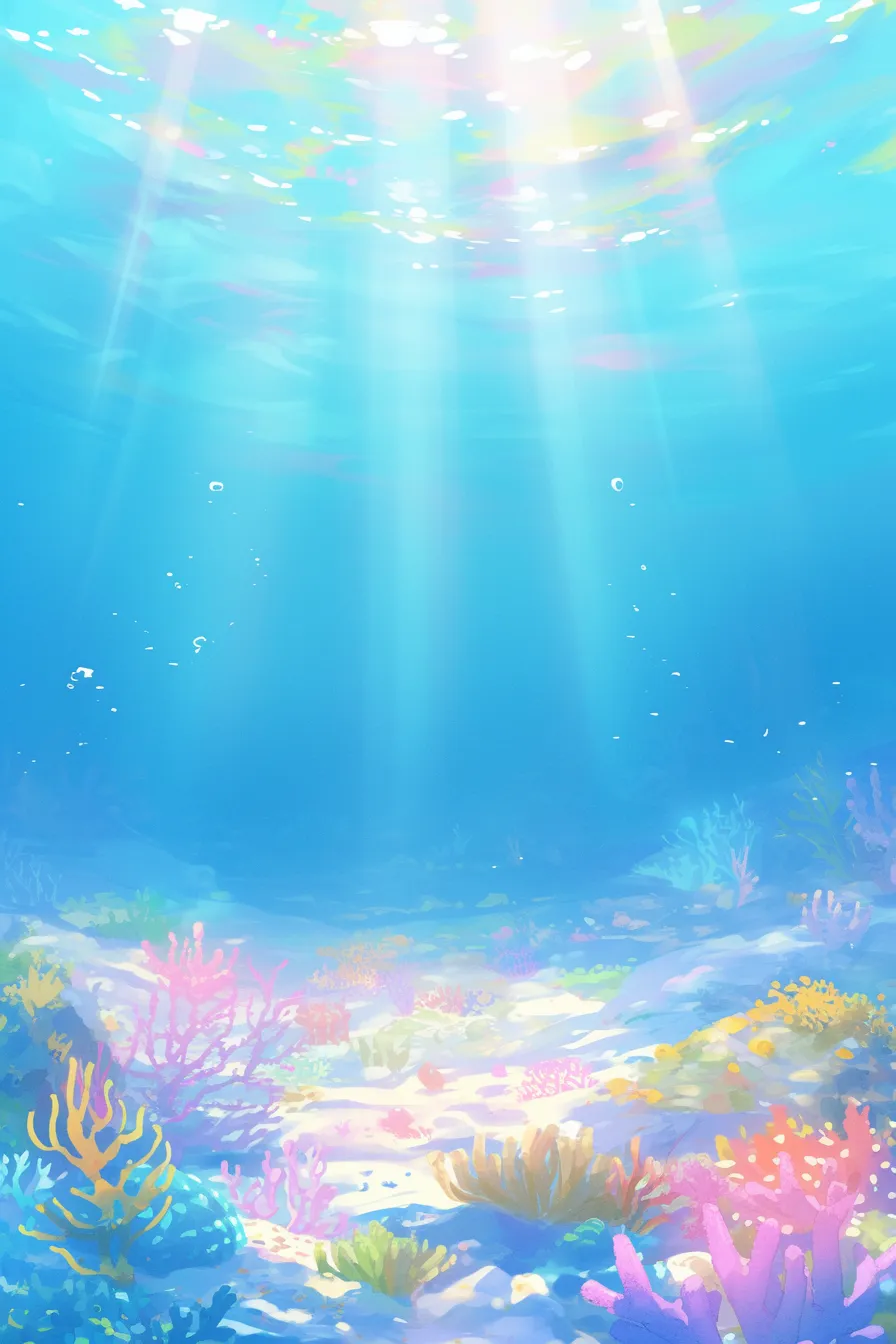 光が差し込む水中世界のサンゴの絵｜柔らかな光と多彩な色調が融合したサンゴの絵は、自然の美しさと癒しを表現し、幅広いビジネス利用に対応します。