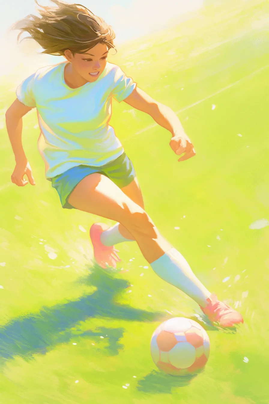 サッカーの絵 女子選手の疾走感あふれる瞬間｜明るい色彩と光の表現が爽やかで、サッカーの絵をスポーティで活力あるビジネス素材として利用しやすいデザインです。