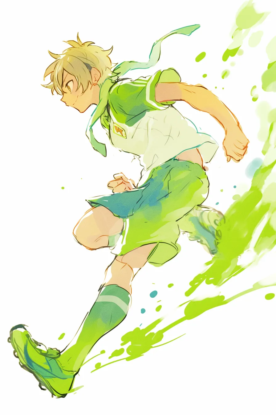 サッカーの絵 少年選手のダイナミックな走り｜水彩風の筆致で表現された軽快なタッチが印象的で、サッカーの絵を若々しくポップな雰囲気で伝える素材に適しています。