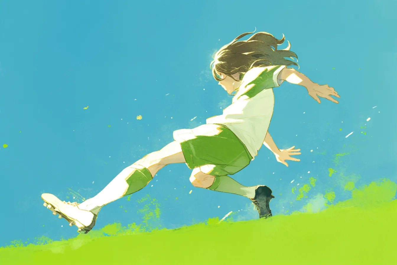 サッカーの絵 青空の下でボールを蹴る選手｜鮮やかな青と緑の対比が開放感を引き立て、サッカーの絵を爽快でポジティブな印象のビジネス写真素材にしています。