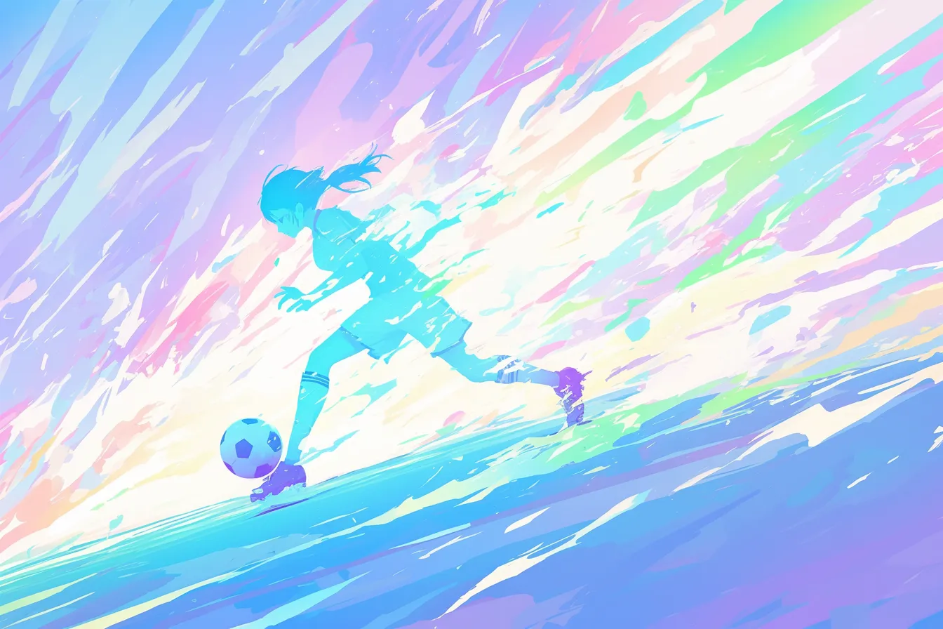 サッカーの絵 虹色のタッチで描かれる試合｜幻想的な光と色彩が特徴的で、サッカーの絵をアート寄りのスタイルで表現し、クリエイティブな場面に活用可能です。
