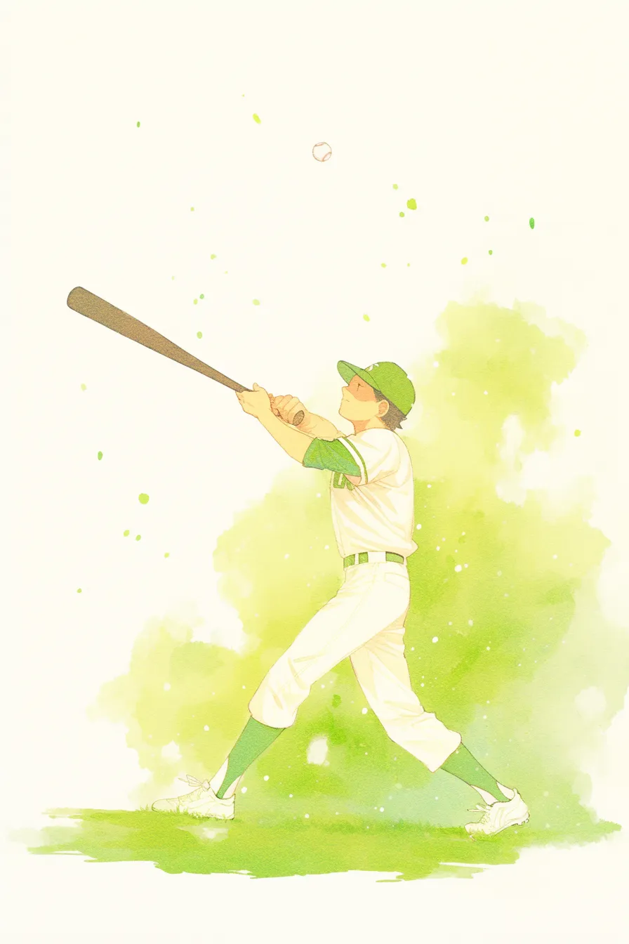 野球の絵　バッターのスイング姿勢｜淡い色合いで描かれた選手がバットを振り上げる瞬間を切り取った野球の絵。シンプルで清潔感のある構図は教材や広告に適した素材として使いやすい印象を与えます。