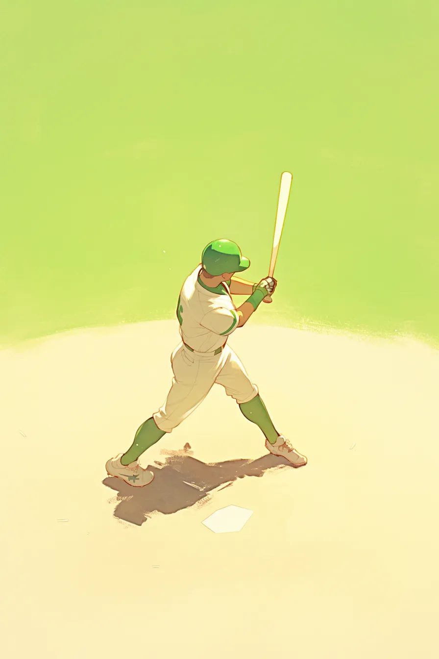 野球の絵　バッター打席の構え｜力強い立ち姿と鮮やかな陰影で描かれた野球の絵。集中力を象徴する表現が強調されており、スポーツ関連のポスターやキャンペーンに活用可能なデザインです。