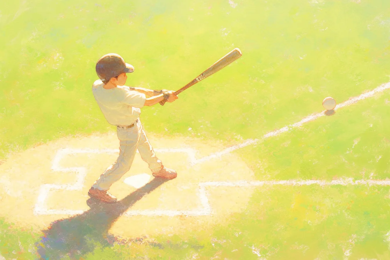 野球の絵　バッティング練習風景｜柔らかな光と色彩が広がるグラウンドで少年がボールを打つ姿を描いた野球の絵。日常的なシーンが爽やかに表現され、学習教材や地域イベントの広報に活用できます。