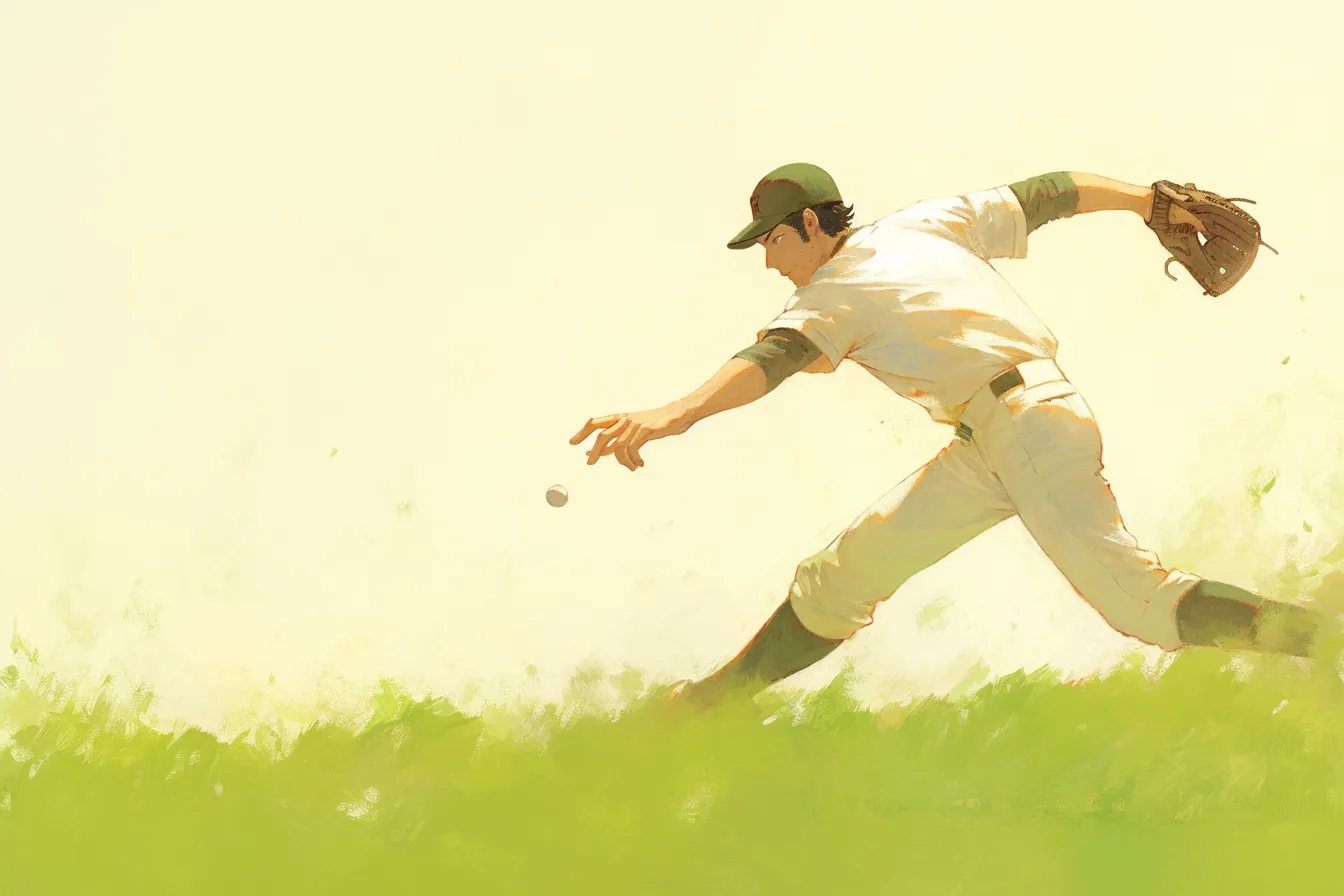野球の絵　グラウンドでの送球動作｜ダイナミックに腕を伸ばす選手のフォームを描いた野球の絵。勢いのある筆致が臨場感を与え、スポーツ用品やトレーニング関連のプロモーションに適した素材です。