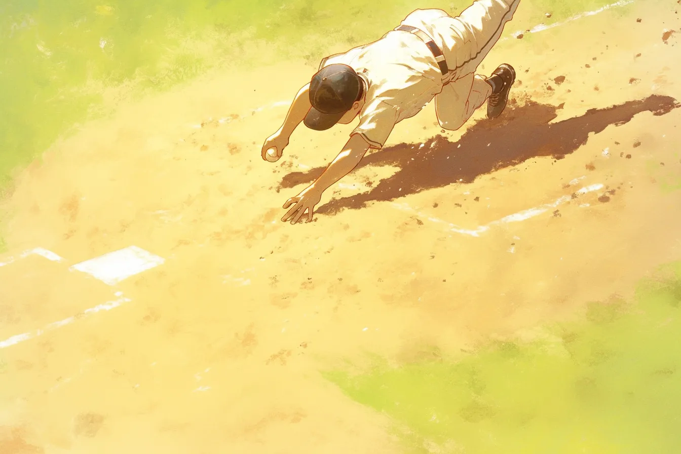野球の絵　ダイビングキャッチの瞬間｜砂埃の舞う中、全身で飛び込みボールを取る選手を描いた野球の絵。アクティブな表現が強調されており、挑戦や努力をテーマとする広告に最適です。