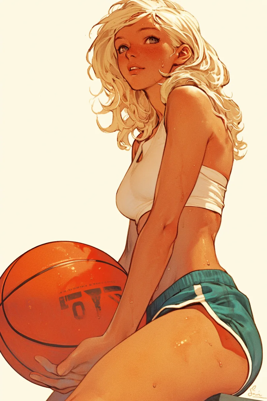 バスケの絵 金髪の女性選手の躍動感｜鮮やかな筆致で描かれた女性選手がバスケットボールを抱えた瞬間を切り取ったバスケの絵。汗の表現がリアルで、スポーツシーンの素材として活用しやすい印象を与えます。