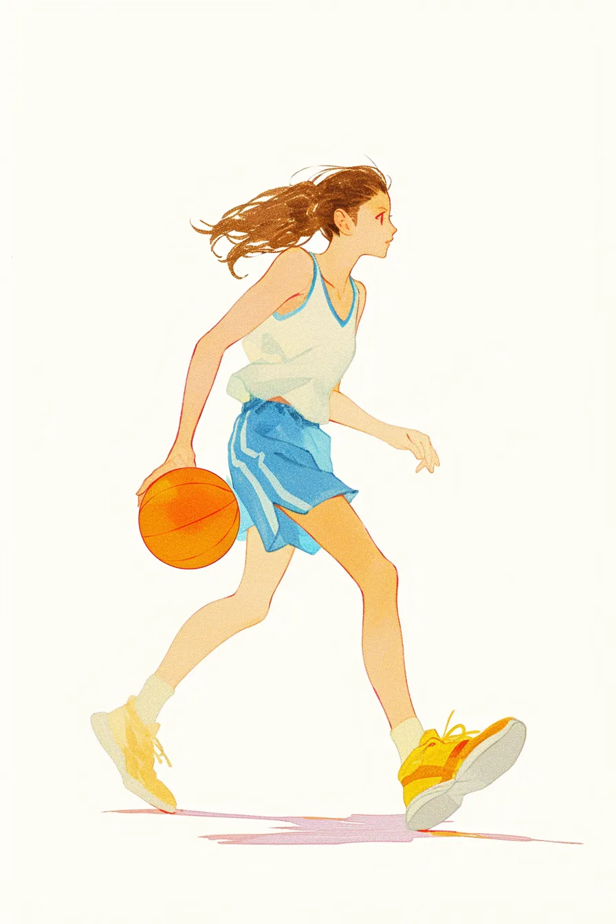 バスケの絵 ドリブルする女性選手｜軽快な線と淡い色使いで描かれた女性選手がドリブルする姿のバスケの絵。明るく爽やかな雰囲気があり、若さや活力を象徴するビジネス素材に適しています。
