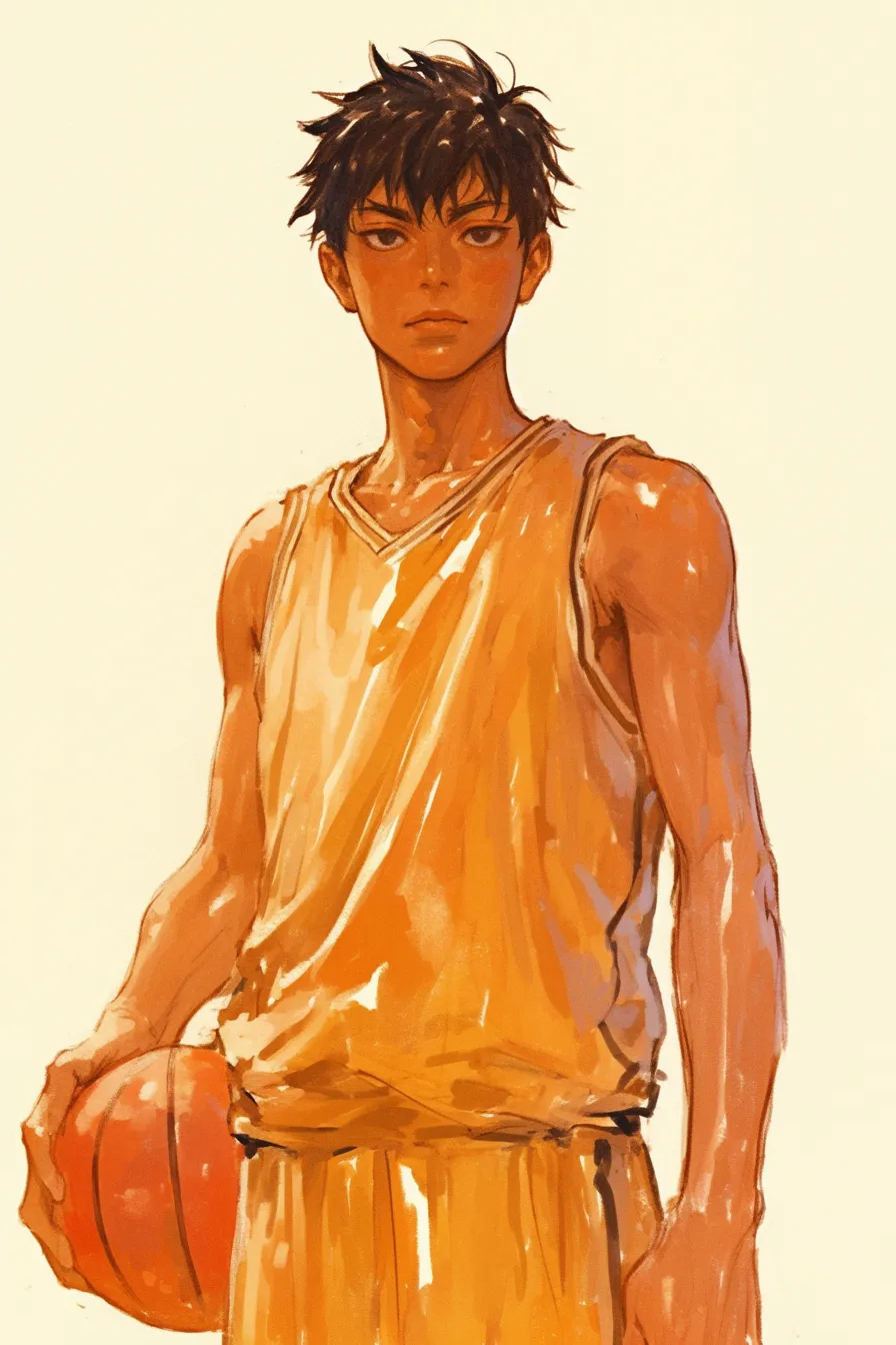 バスケの絵 真剣な表情の男性選手｜落ち着いた色調で描かれた男性選手がボールを持ち真っ直ぐに視線を向けるバスケの絵。集中力や信頼感を象徴し、企業イメージにも使いやすいデザインです。