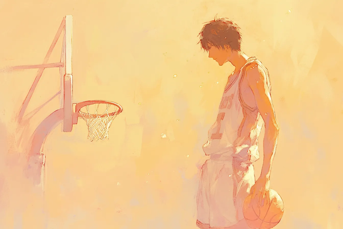 バスケの絵 ゴール下に佇む選手｜淡い色彩で光に包まれた選手がゴール下に立つシーンのバスケの絵。静けさと情熱が共存する表現で、努力や挑戦をテーマにした場面に適しています。