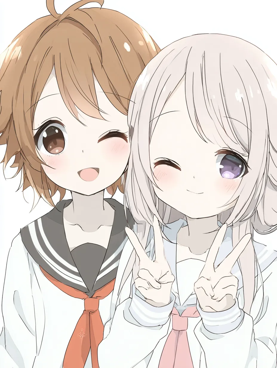 女子2人ペア画の笑顔リンクセーラー服｜セーラー服の色違いと左右の手のピースポーズが揃ったバランスの良い構図。女子2人ペア画として明るく自然な仲の良さが伝わるデザインです。