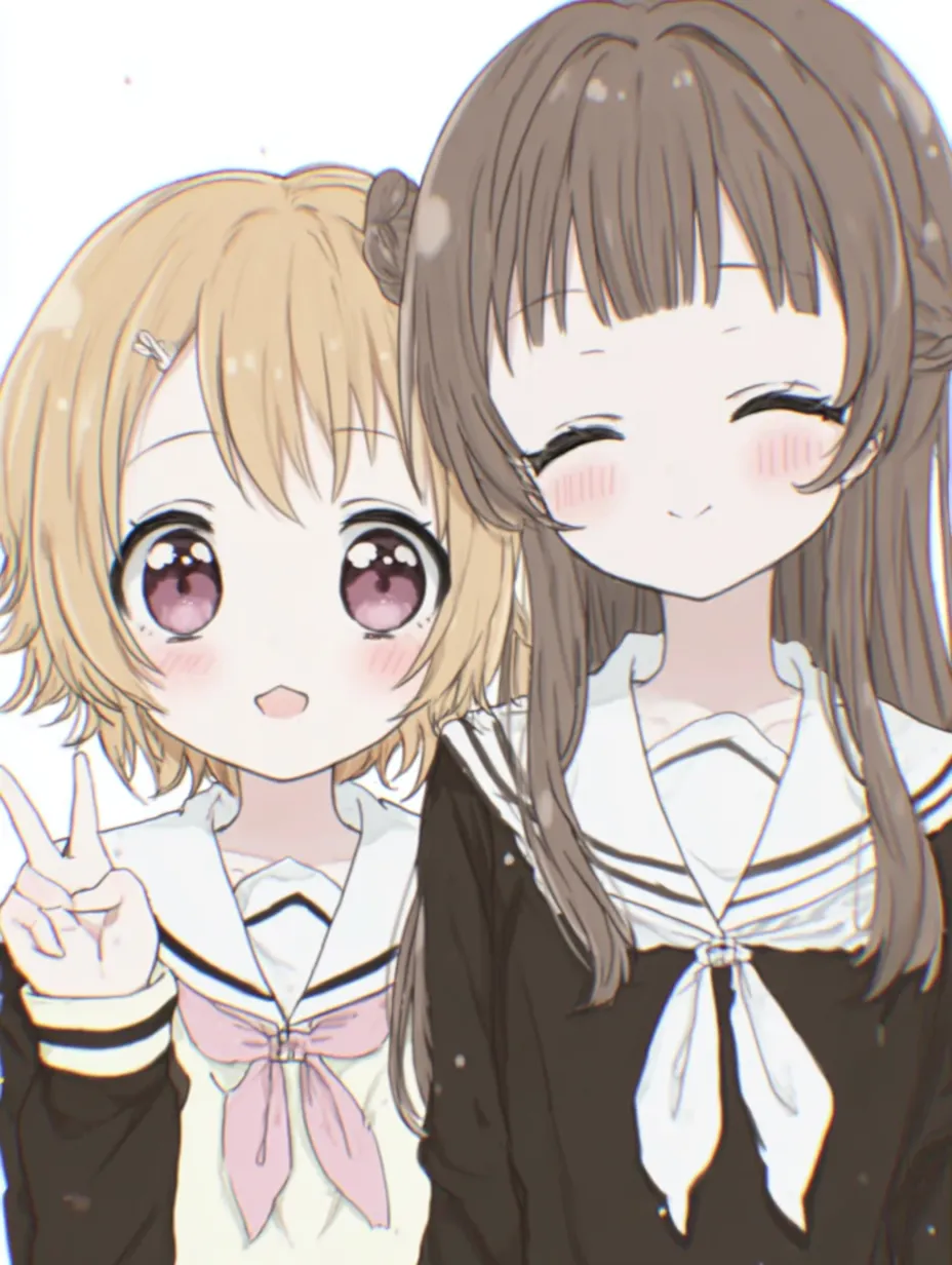 女子2人ペア画の笑顔とモノクロのコントラスト｜白と黒のセーラー服が対象的で、個性の違いを際立たせながら寄り添う構成。女子2人ペア画の中でも色の緩急を活かした仕上がりです。