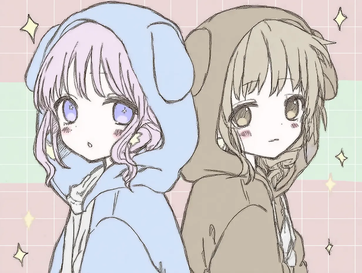 女子2人ペア画の犬耳とウサ耳のふたり｜スケッチタッチに近い線とくすみカラーの背景が印象的。着ぐるみフードのペア感が際立ち、女子2人ペア画として遊び心ある表現が魅力です。