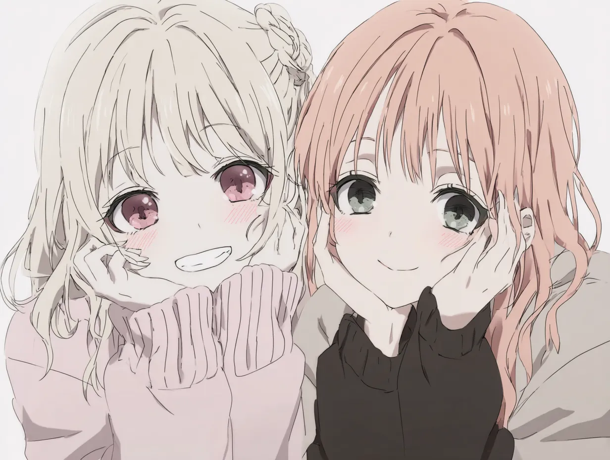かわいいペア画・双子みたいなピンクスウェット｜頬杖をついて微笑む仲良し2人組が印象的。ピンク系とアッシュ系の柔らかい髪色と服が調和し、かわいいペア画として自然体で甘さ控えめの癒しを届けてくれます。