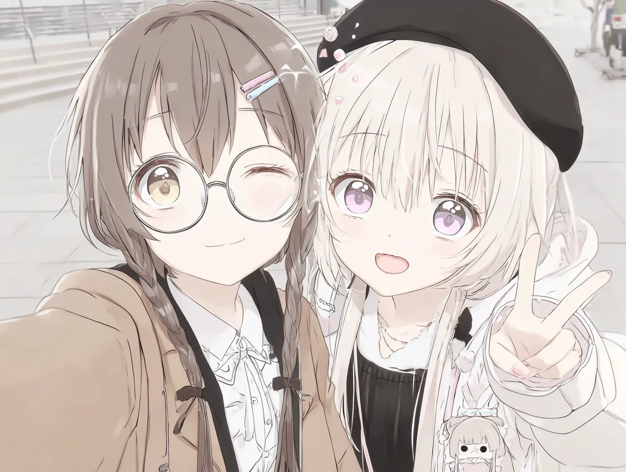 仲良し笑顔の女子2人ペア画｜明るい色彩と柔らかな線で描かれた作品。片方がウインク、もう一方がピースサインをしており、楽しげな雰囲気が満ちた自撮り構図。女子2人ペア画として親密さと元気さが印象的に伝わる。