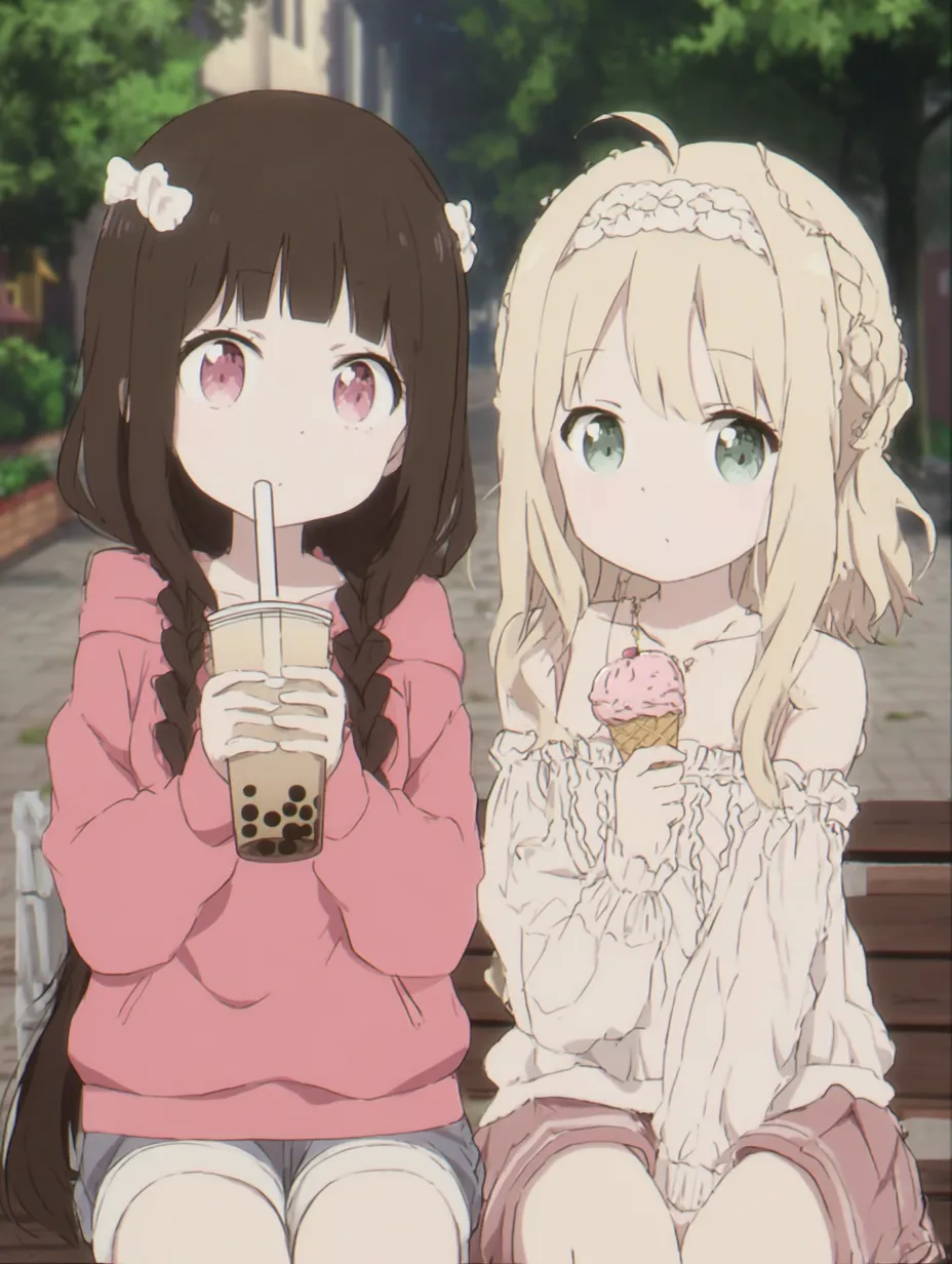 カフェタイムの女子2人ペア画｜桜のような瞳と優しい表情の2人がベンチでくつろぐ様子が描かれたイラスト。女子2人ペア画の魅力が、タピオカとアイスを楽しむ何気ない日常風景にやさしく落とし込まれている。