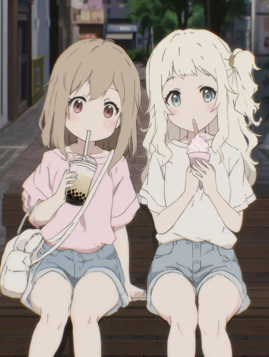 休日おさんぽの女子2人ペア画｜ペアルックのような服装と並んだ姿が微笑ましい、ナチュラルな日常系女子2人ペア画。明るい街並み背景と丁寧な陰影処理が、親しみやすさと軽やかさを際立たせている。