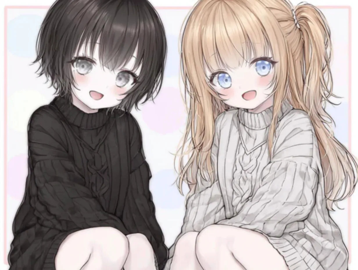 ツインニットの女子2人ペア画｜ふんわりした編み目のニットと淡い背景が、ぬくもりある雰囲気を生むデザイン。黒髪×金髪の対比が印象的で、女子2人ペア画ならではの髪型・表情の対比も見どころ。