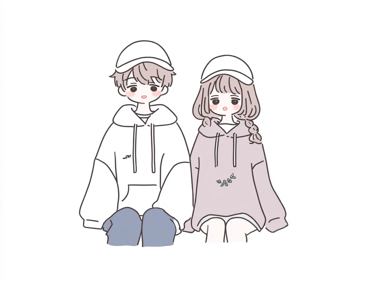 おしゃれペア画・ゆるパーカーのふたり｜ゆったりとしたパーカーにキャップを合わせた男女の組み合わせが新鮮。線画風のミニマルな描写が軽やかで、おしゃれペア画としてナチュラルで今っぽい空気感を表現しています。
