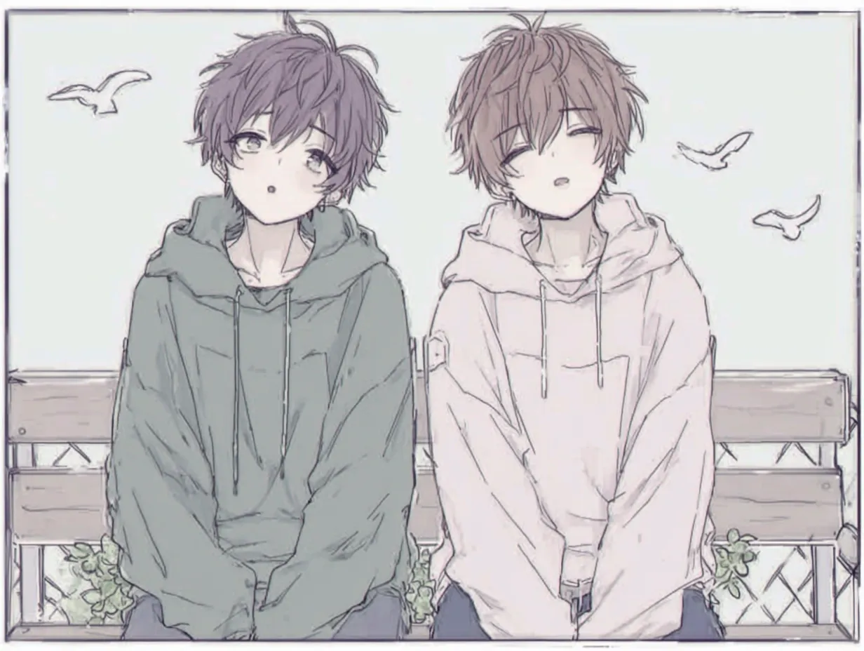 すれ違うまなざしの男ペア画｜やさしいタッチで描かれたフーディーの2人が並ぶ男ペア画。うすい色使いと柔らかな陰影が、穏やかで少しアンニュイな空気感を引き立てている。