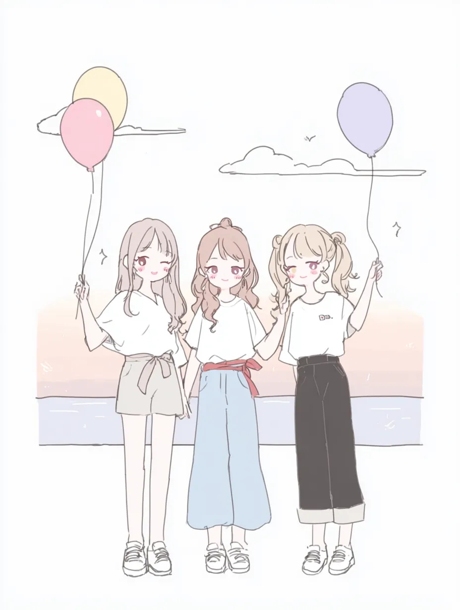 風船と夕空の3人ペア画｜カラフルな風船と淡い夕焼けの背景が印象的な3人ペア画。シンプルで抜け感のある線と配色が、仲のよさと開放感をやさしく表現している。