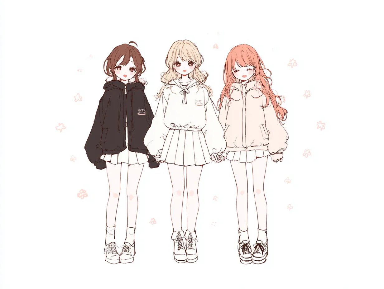 パーカーガールの3人ペア画｜異なる色のパーカーを着た女の子たちが手をつなぐ3人ペア画。ゆるくかわいいシルエットとふんわりした配色が、青春の無邪気さを柔らかく映し出している。