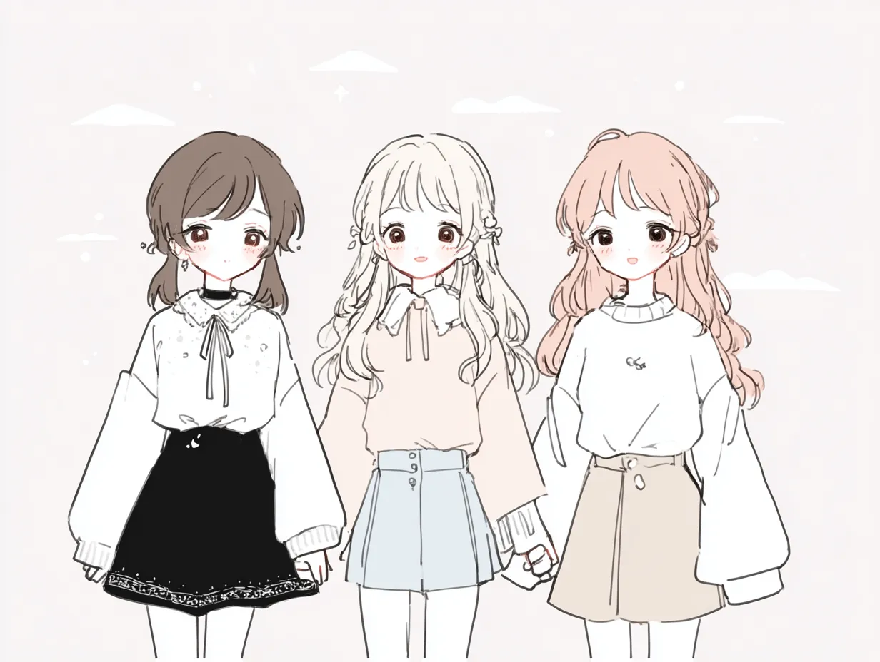 おしゃれ制服の3人ペア画｜リボンやスカートに個性が光る清楚系ファッションで統一された3人ペア画。整った立ち姿と優しい線画が、落ち着いた雰囲気と仲間の一体感を伝えてくれる。